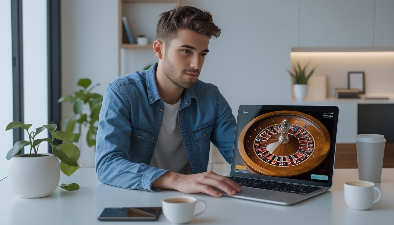 Seorang dewasa muda duduk di meja dengan laptop, bermain roulette online dalam suasana rumah yang rapi dan terang.