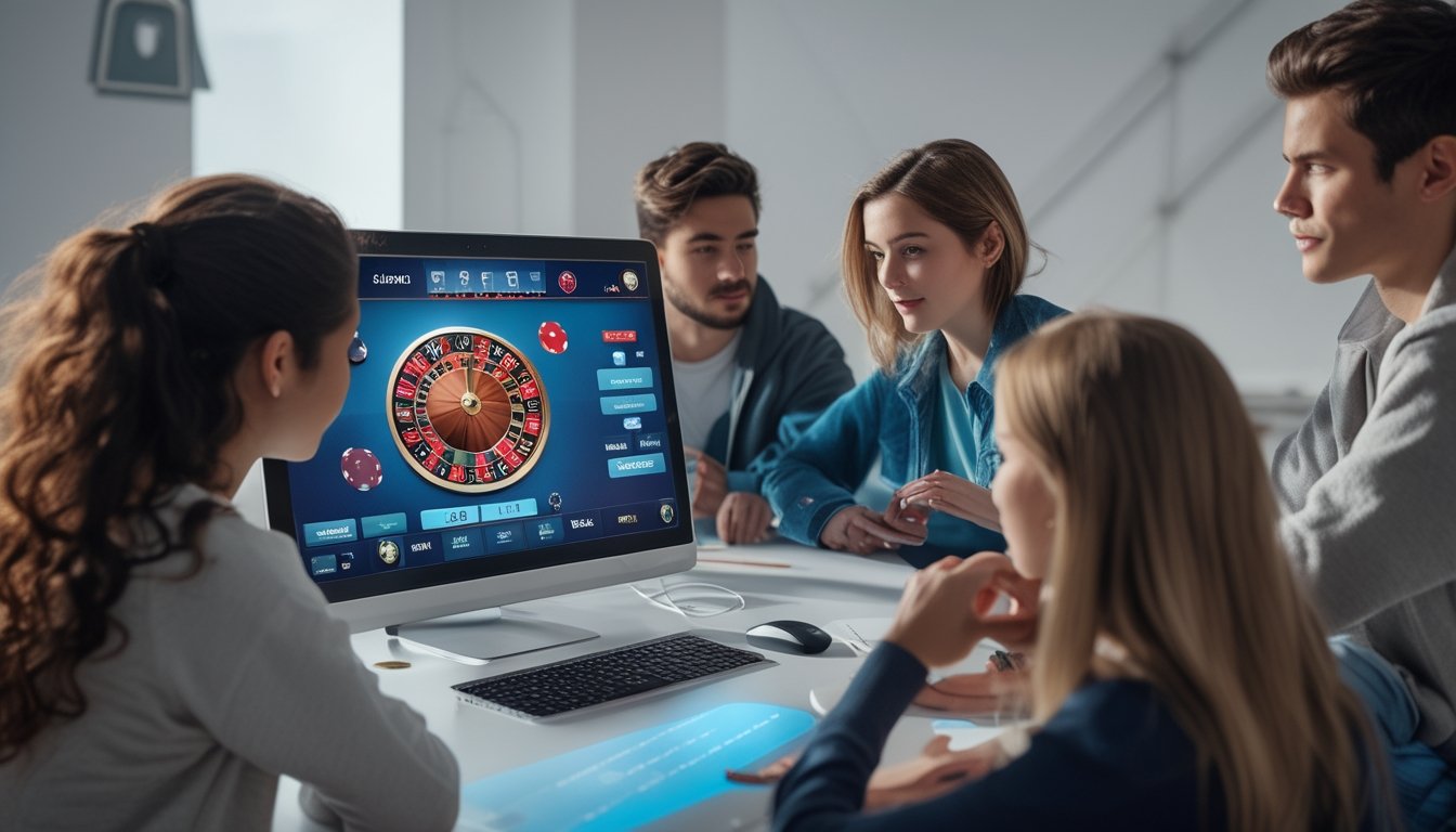 Orang-orang muda bermain roulette online di depan komputer dengan suasana yang aman dan terpercaya.