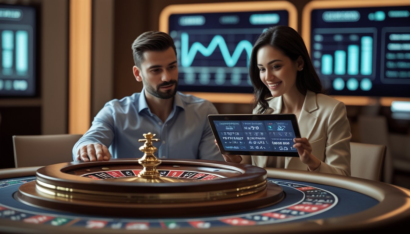 Seorang pria dan wanita duduk di meja kasino dengan roda roulette, mempelajari strategi permainan dengan latar belakang layar digital yang menampilkan grafik dan antarmuka taruhan online.