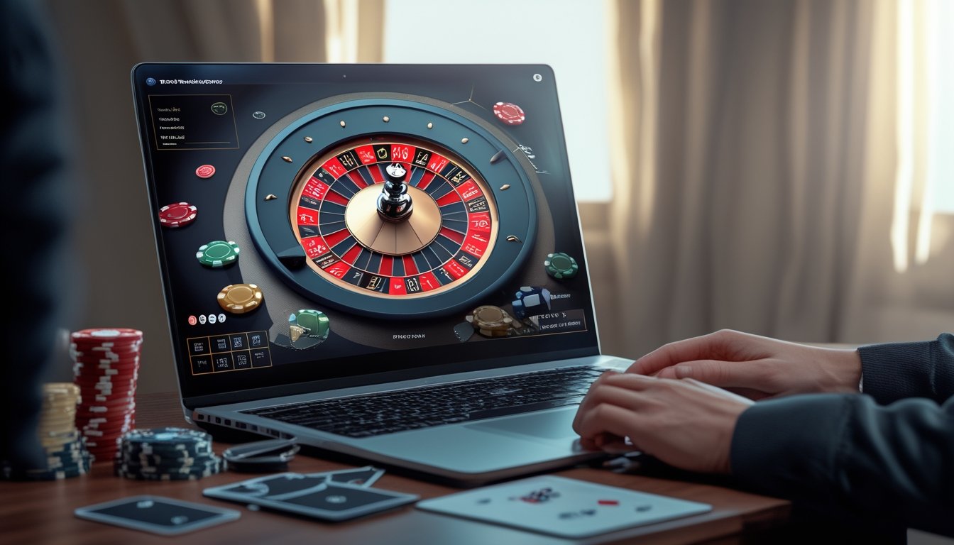 Sebuah meja dengan laptop menampilkan roda roulette digital dan beberapa chip poker di sekitarnya.