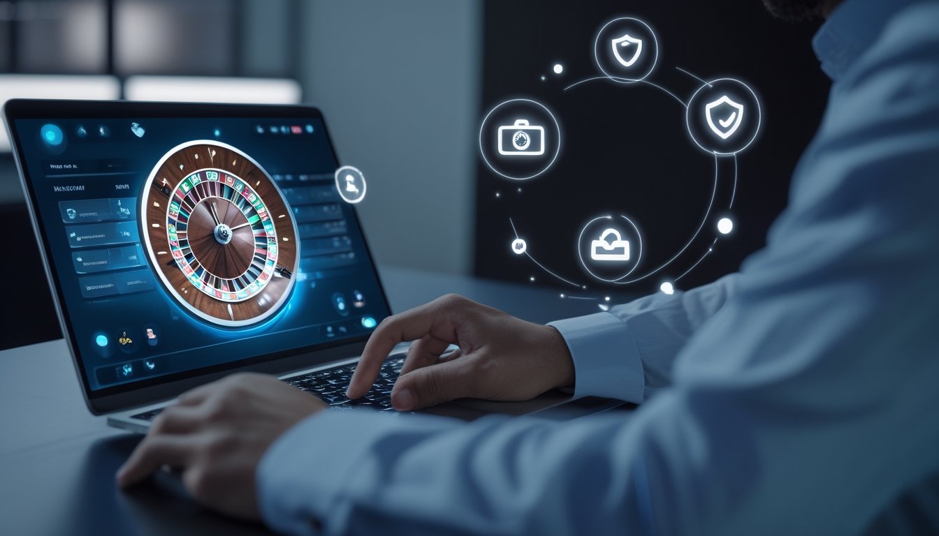Orang menggunakan laptop dengan tampilan roda roulette online di layar, menunjukkan suasana permainan roulette online yang aman dan terpercaya.