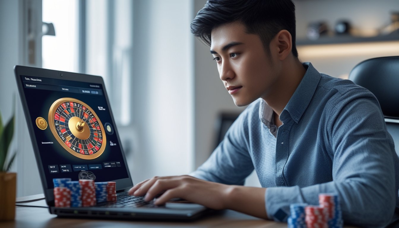 Seorang pria muda duduk di depan laptop dengan tampilan permainan roulette online di layar, di sebuah ruangan kerja yang terang dan rapi.
