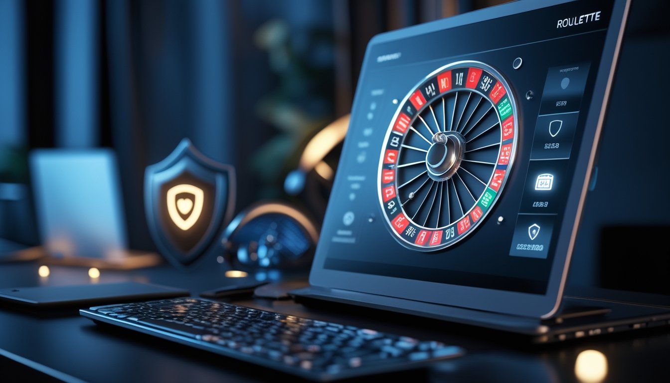 Sebuah komputer menampilkan roda roulette digital dengan latar belakang gelap dan simbol keamanan di sekitarnya.