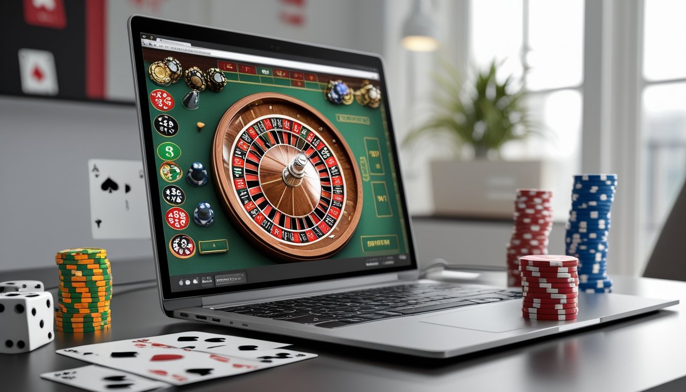 Sebuah komputer dengan layar menampilkan permainan roulette online, dikelilingi oleh tumpukan chip dan dekorasi kasino di meja kerja yang terang.