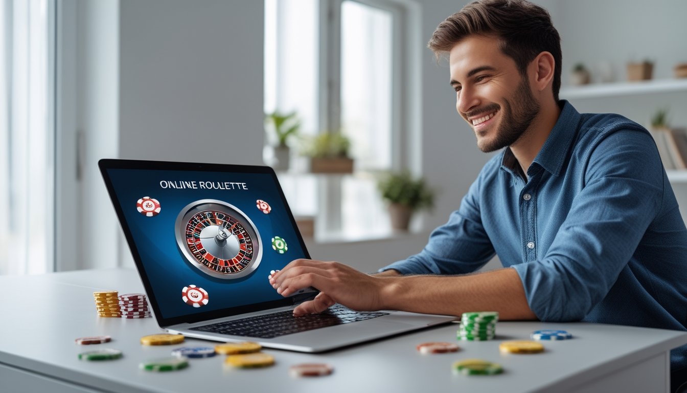 Seorang pria muda duduk di meja dengan laptop yang menampilkan permainan roulette online, terlihat antusias dan percaya diri.