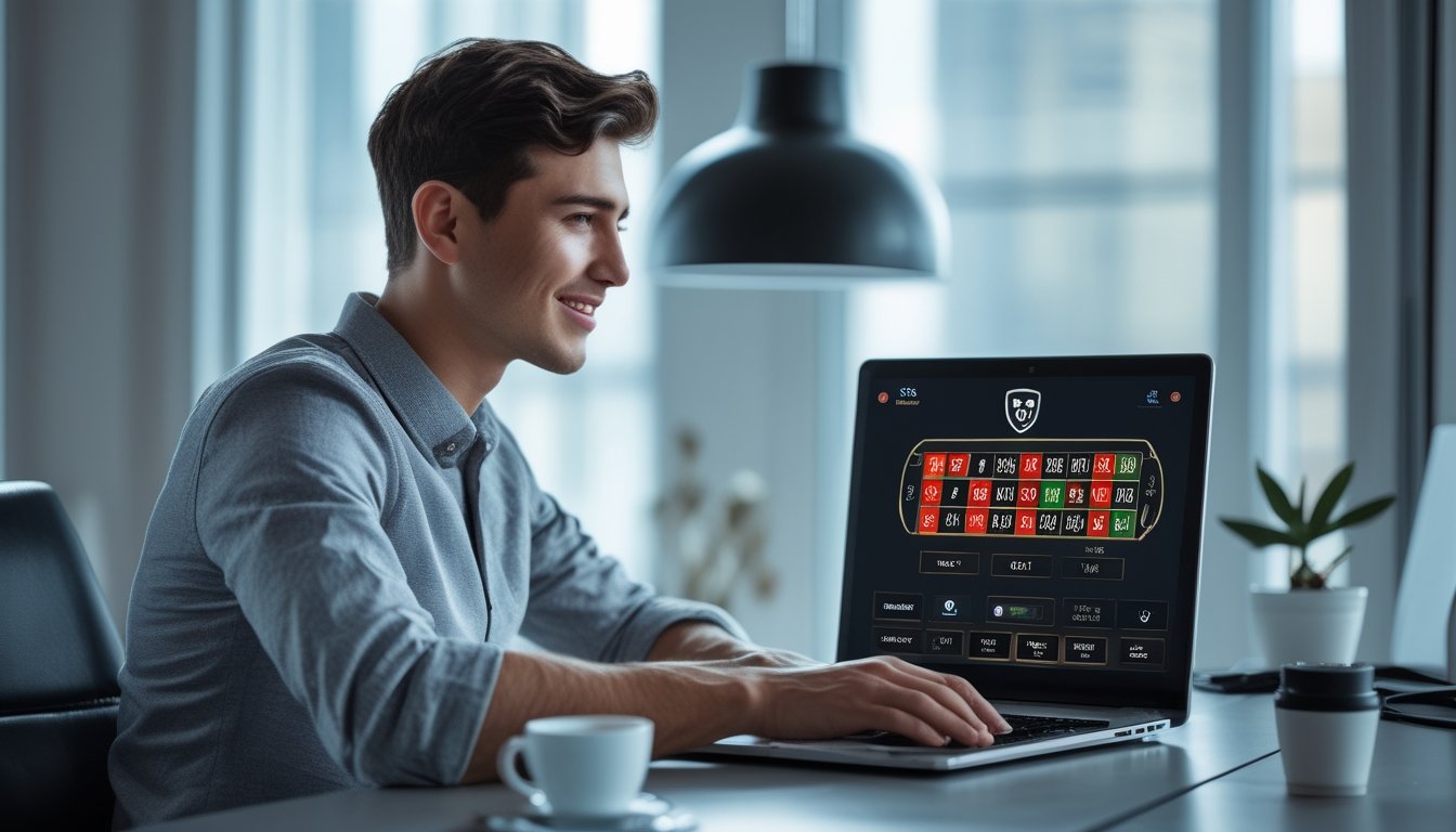 Seorang pria muda duduk di meja dengan laptop yang menampilkan permainan roulette online, terlihat fokus dan percaya diri dalam ruangan terang.