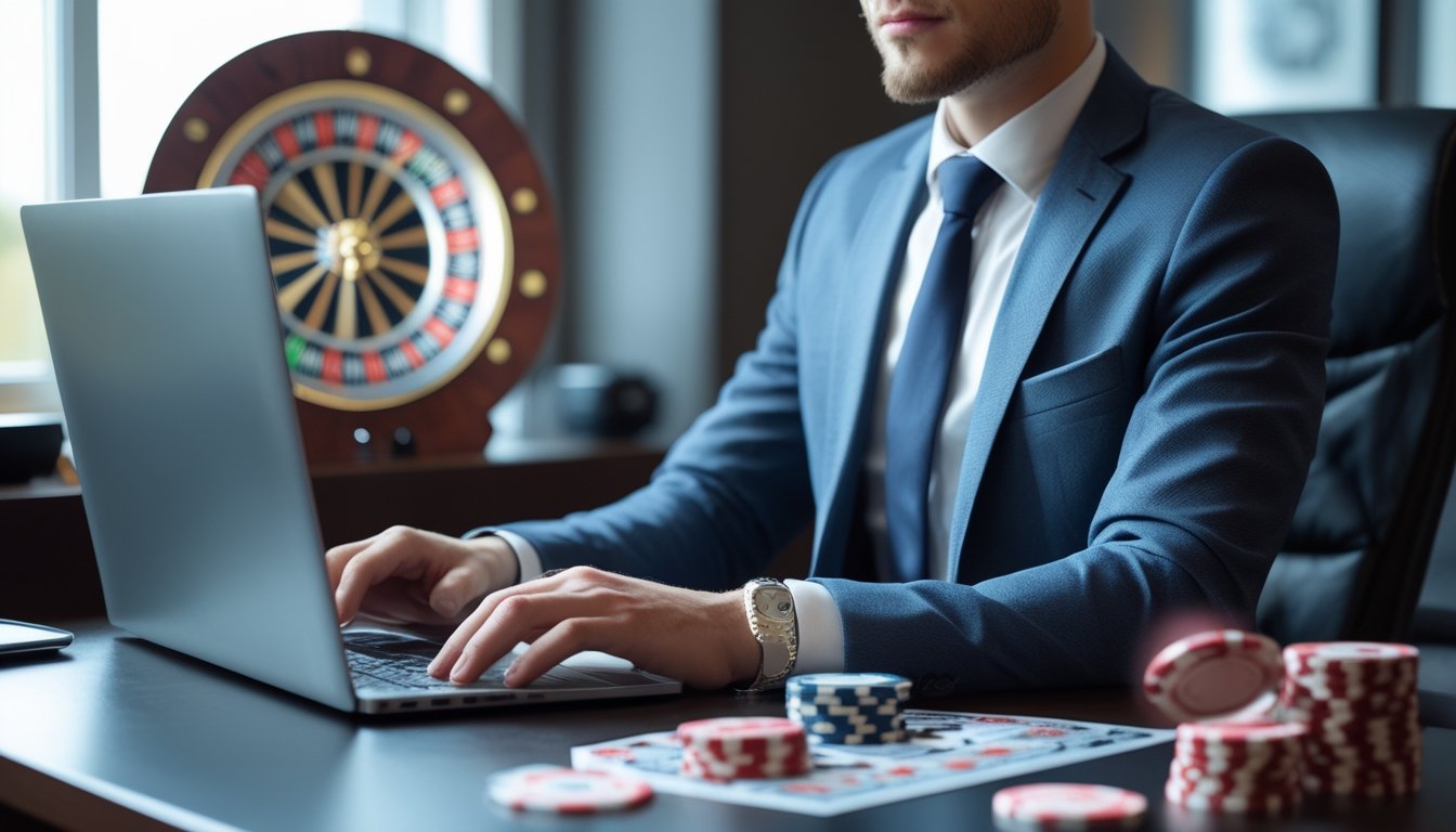 Seseorang duduk di meja dengan laptop, bermain roulette online di ruangan yang terang dan rapi.