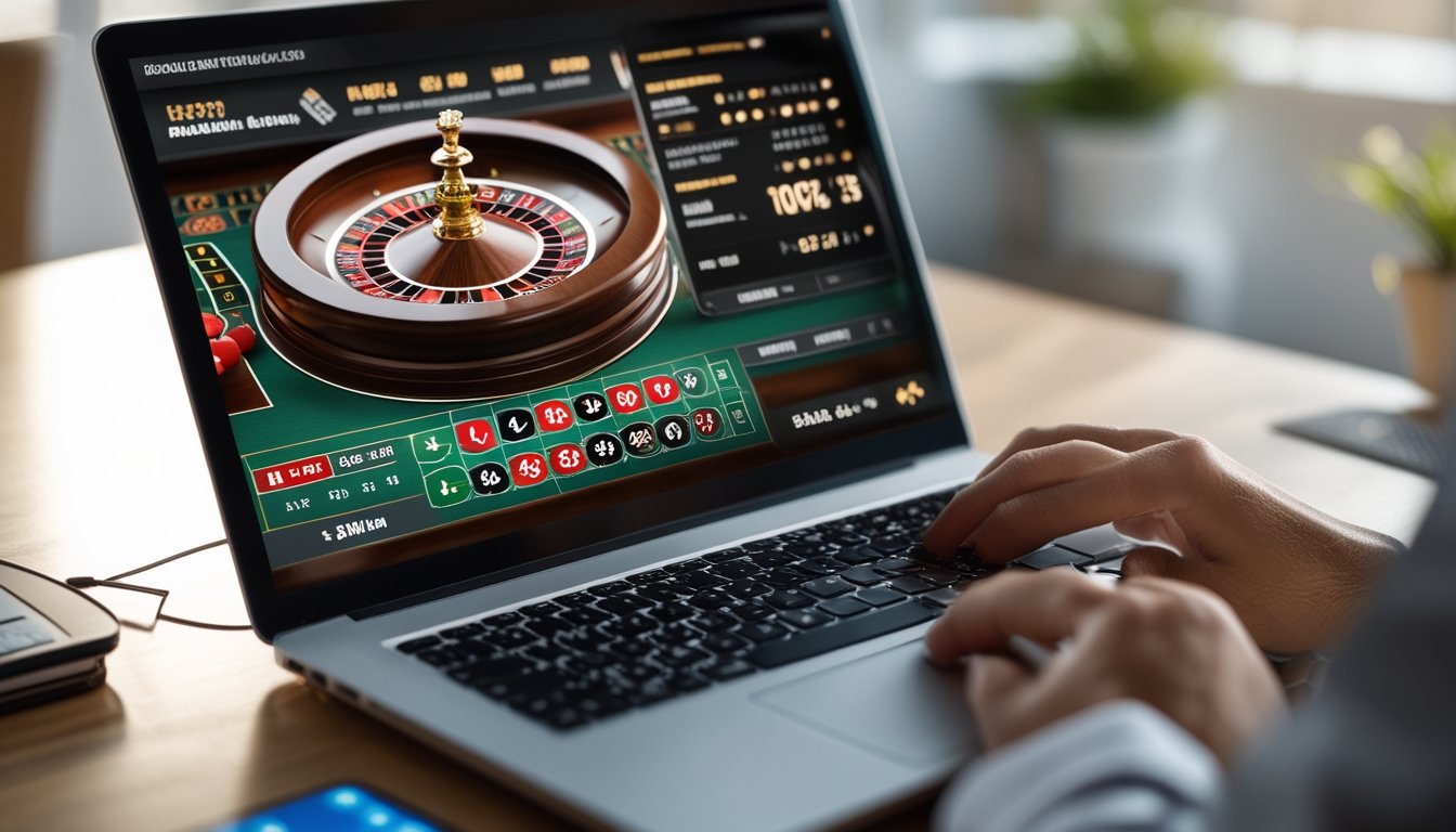 Sebuah laptop menampilkan permainan roulette online dengan roda roulette dan opsi taruhan, di atas meja kayu dengan tangan seseorang yang sedang berinteraksi.