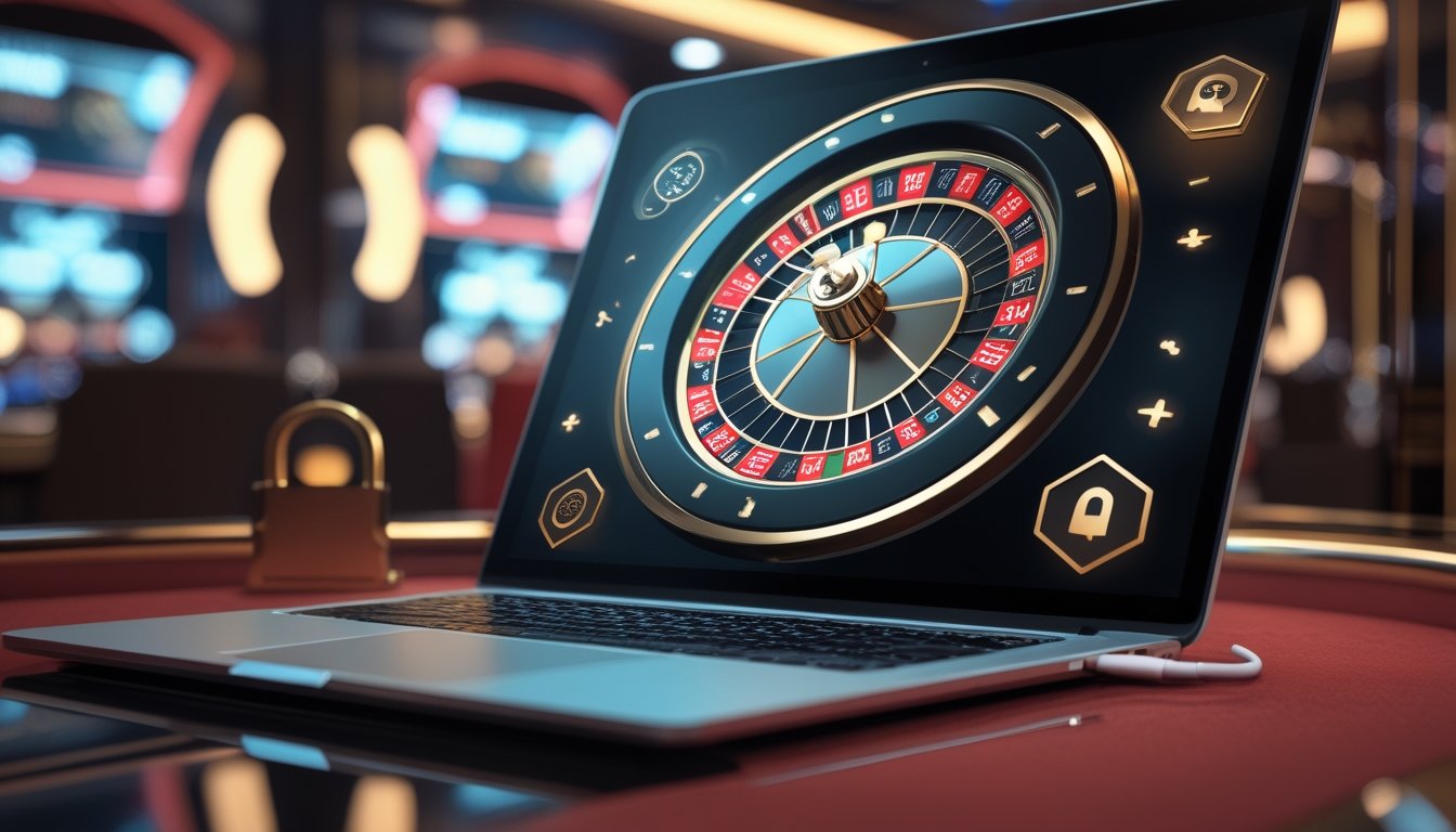 Sebuah meja dengan komputer menampilkan permainan roulette online dengan latar belakang suasana kasino yang samar.