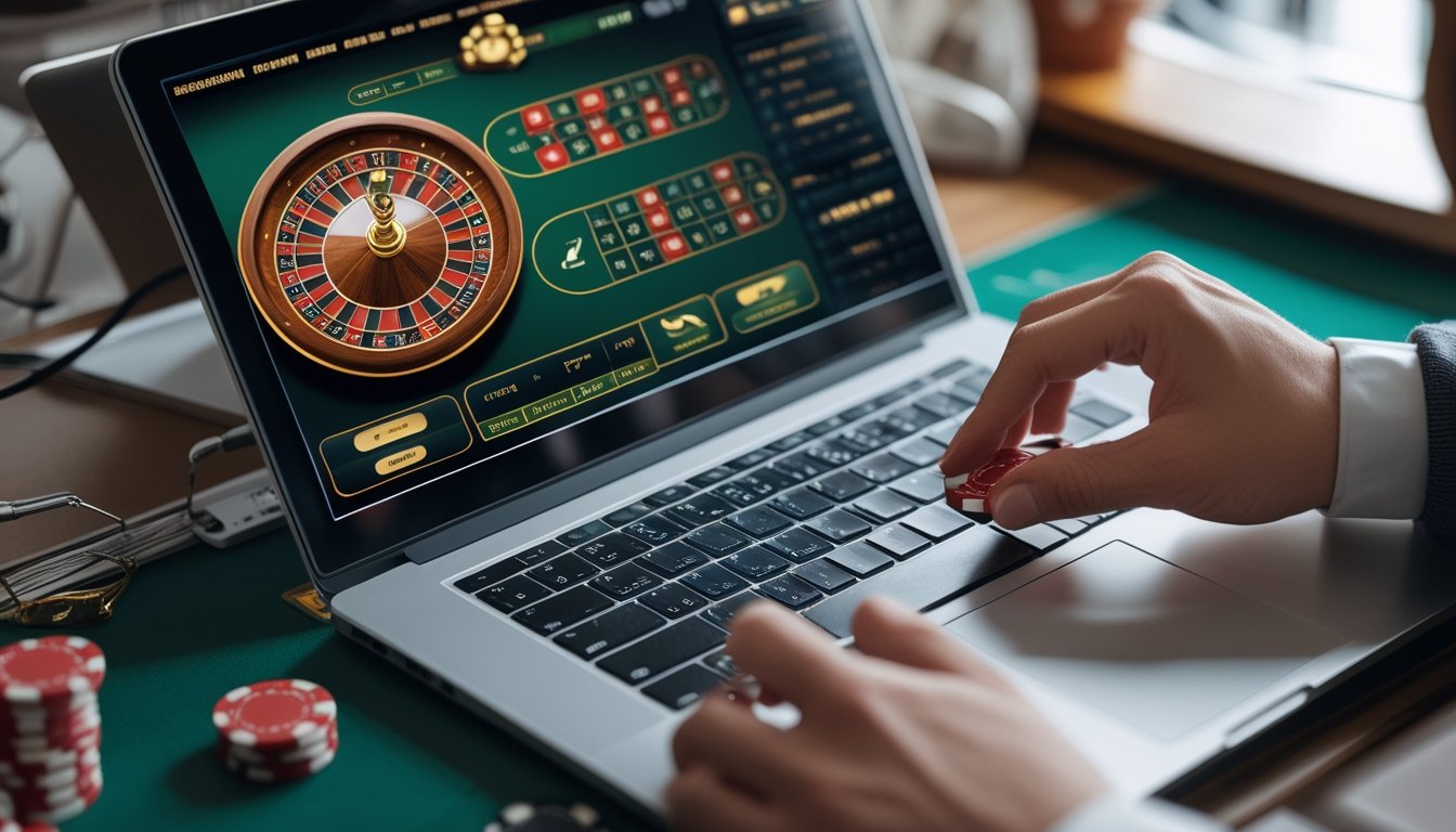Orang menggunakan komputer dengan tampilan roda roulette online dan chip digital di meja taruhan dalam suasana yang aman dan terpercaya.