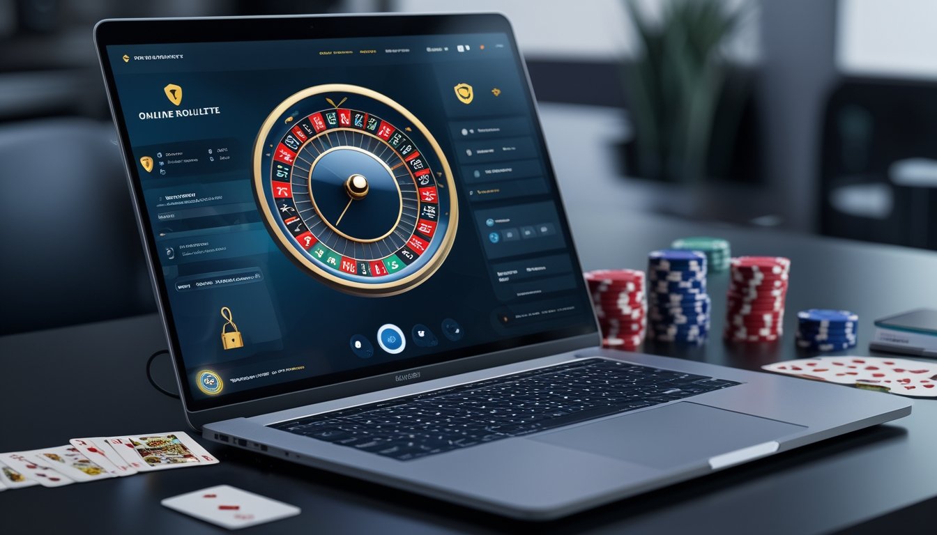Seorang pengguna duduk di depan laptop yang menampilkan permainan roulette online dengan chip poker dan kartu di sekitarnya.