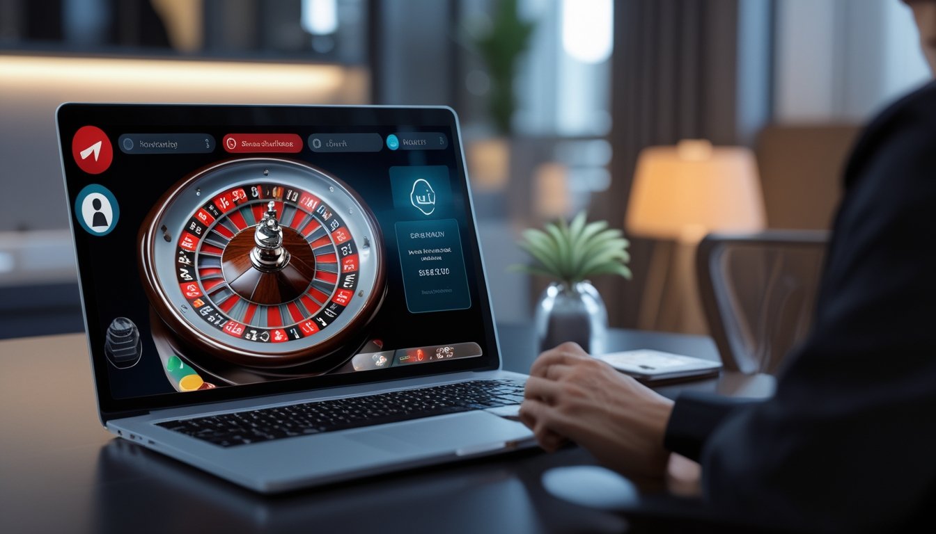 Seseorang yang percaya diri bermain roulette online di laptop di ruangan modern dengan pencahayaan hangat.