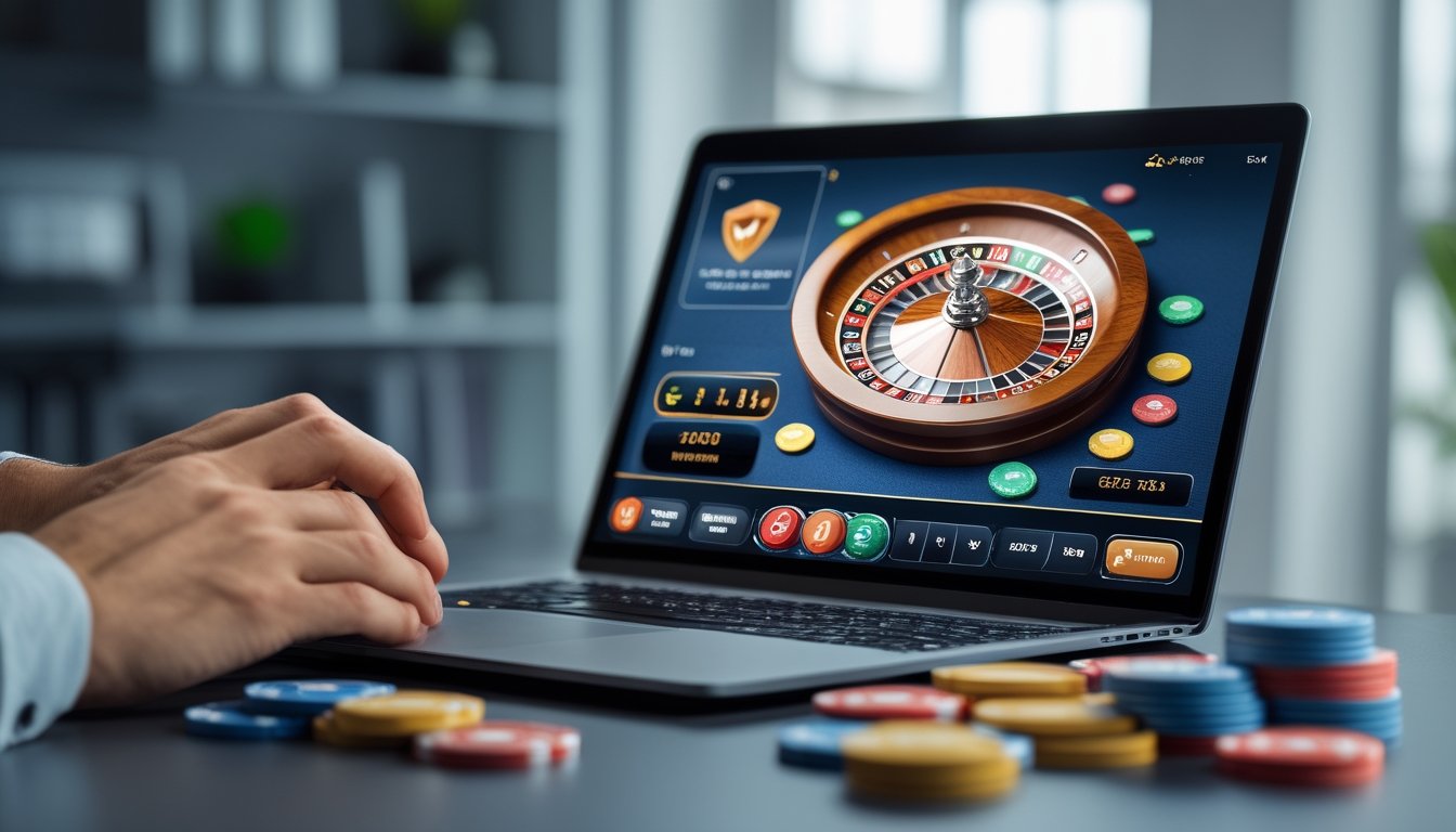 Seseorang bermain roulette online di laptop dengan tumpukan chip di meja.