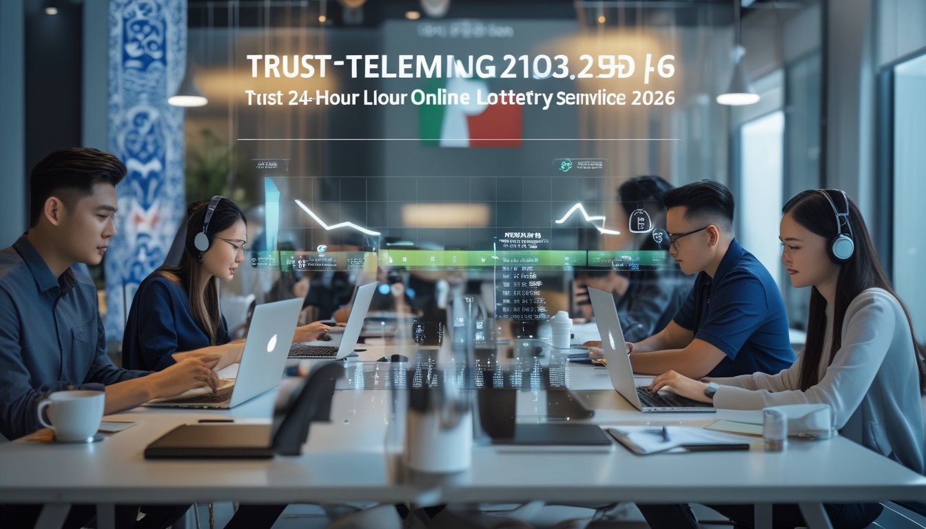 Sekelompok orang muda menggunakan laptop dan ponsel di ruang kantor modern dengan elemen budaya Indonesia, menampilkan suasana kerja online togel yang terpercaya.