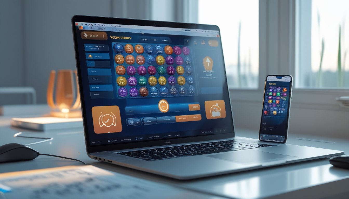 Meja kerja modern dengan laptop dan ponsel yang menampilkan aplikasi togel online, menunjukkan suasana profesional dan terpercaya.