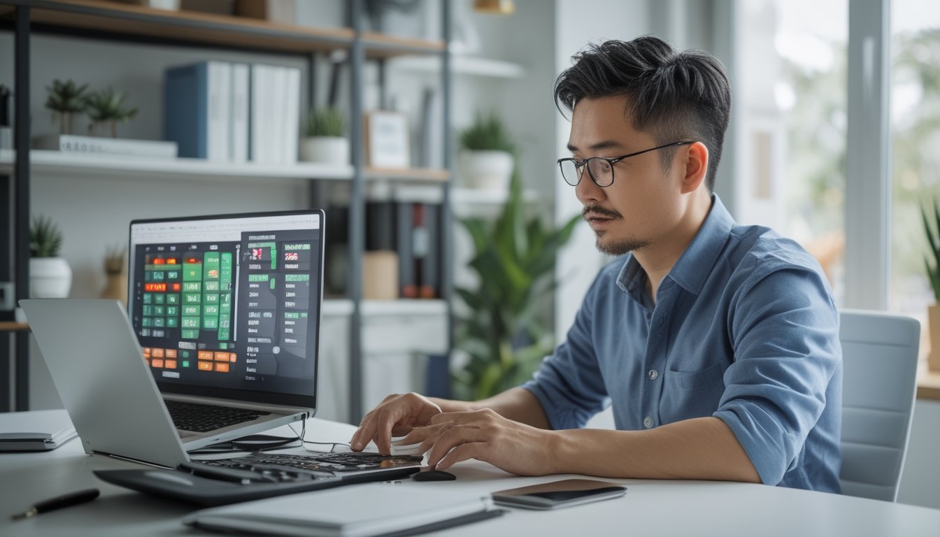 Seorang pria dewasa sedang duduk di meja kerja dengan laptop dan beberapa layar menampilkan grafik dan angka, fokus menganalisis data di ruang kerja yang rapi.