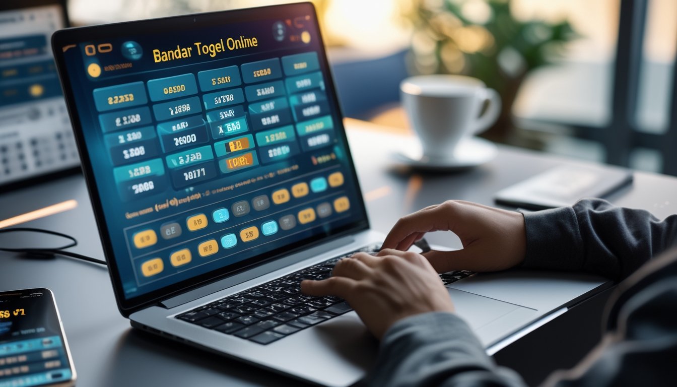 Seseorang menggunakan laptop dengan tampilan permainan togel online di meja kerja yang rapi.
