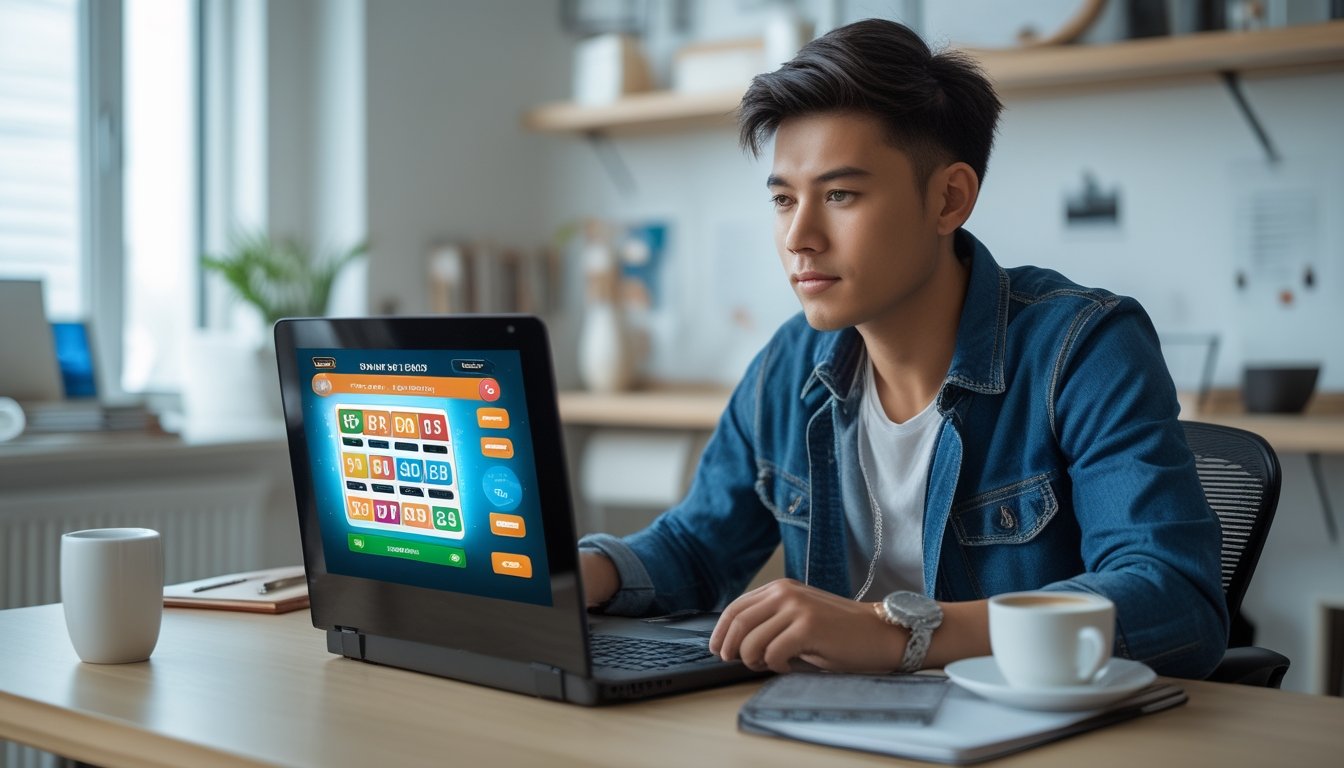 Seorang dewasa muda duduk di meja dengan laptop, fokus bermain permainan togel online dengan suasana ruang kerja yang rapi dan terang.