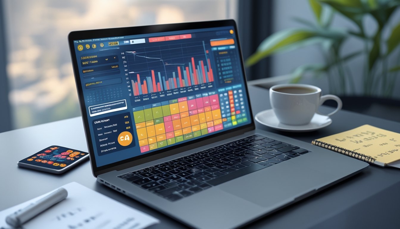 Meja kerja dengan laptop yang menampilkan grafik dan angka lotre, smartphone dengan aplikasi lotre, catatan tertata, dan secangkir kopi.