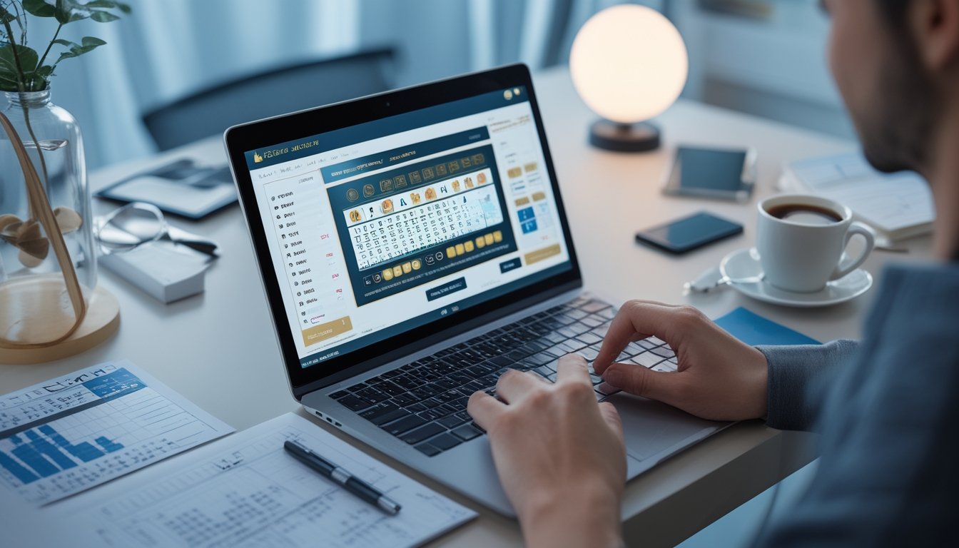 Seseorang sedang menggunakan laptop di meja kerja dengan catatan dan ponsel, fokus pada strategi permainan togel online.