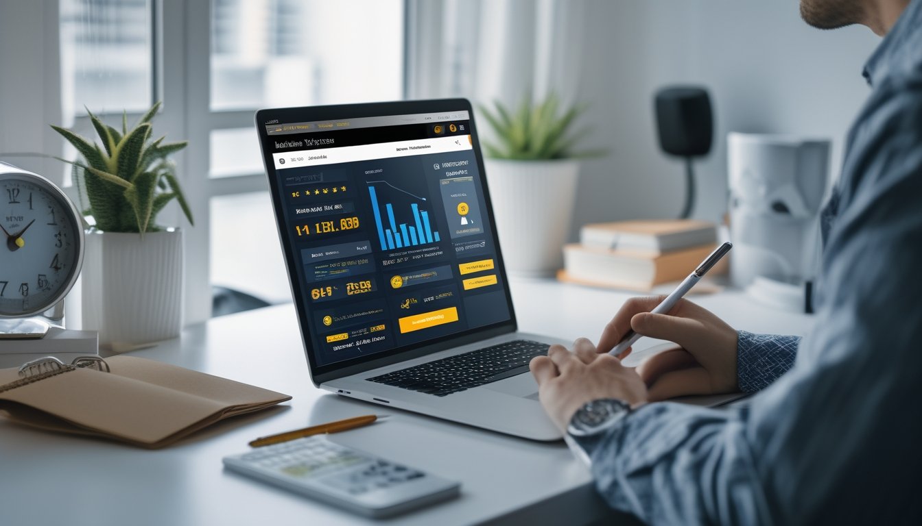 Seorang pria duduk di depan laptop di meja kerja, melihat layar yang menampilkan situs web terkait layanan togel online dengan suasana terang dan rapi.