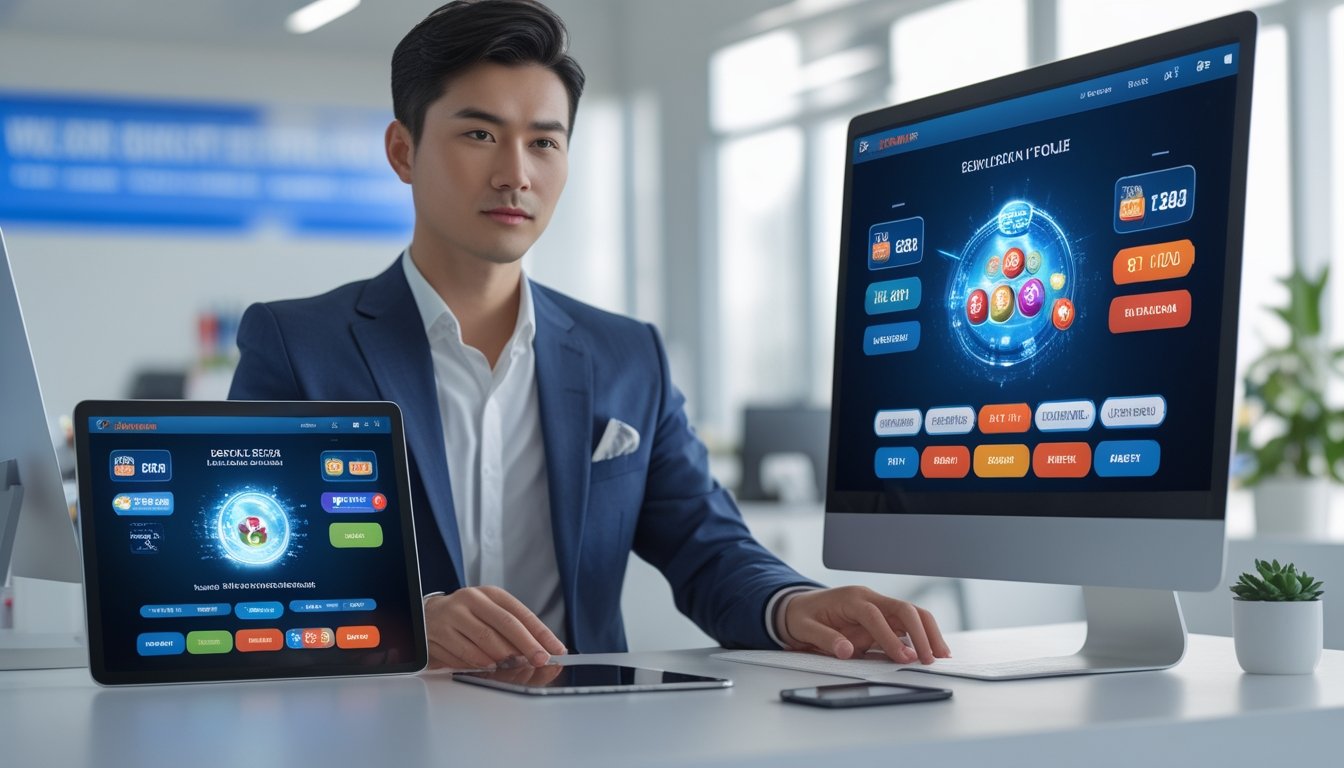 Seorang pria Asia duduk di meja kerja dengan beberapa perangkat digital menampilkan permainan togel online di layar.
