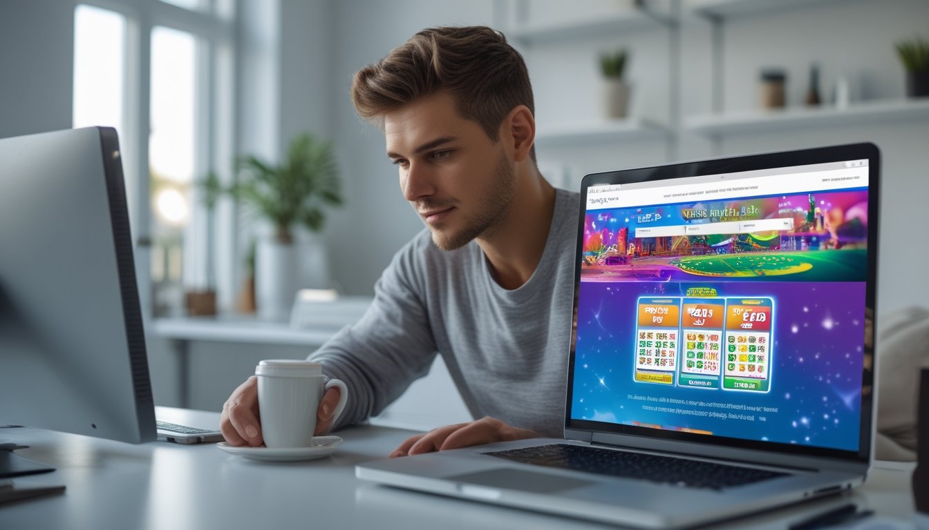 Seorang pria muda sedang menggunakan laptop di meja kerja yang rapi dengan cahaya alami, fokus pada layar komputer yang menampilkan situs togel online.