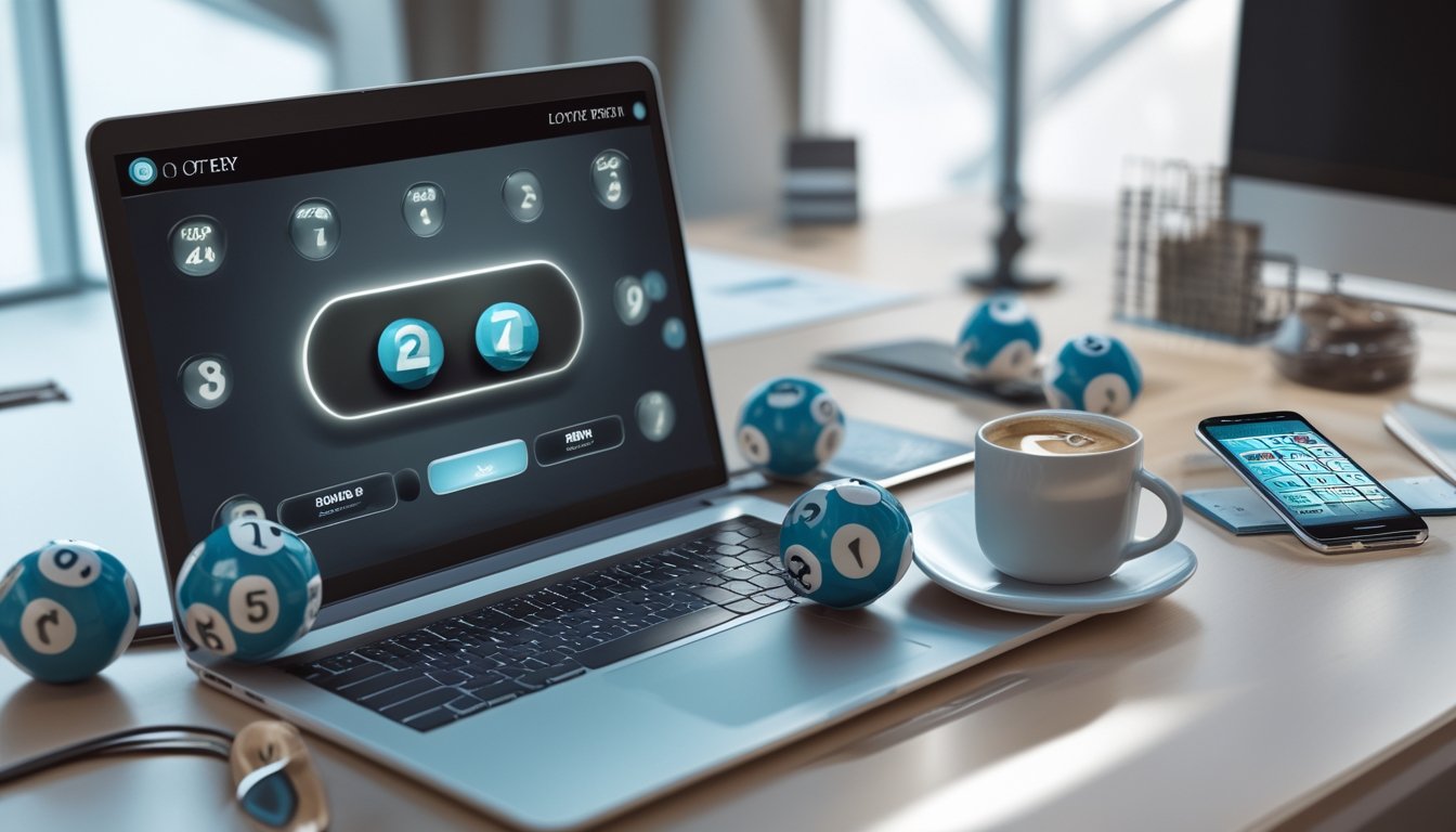 Meja kerja modern dengan laptop menampilkan antarmuka permainan togel online, bola togel bernomor, ponsel dengan aplikasi taruhan, dan secangkir kopi.