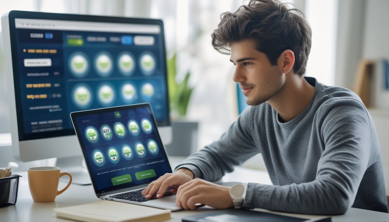 Seorang pria muda duduk di meja kerja dengan laptop, fokus pada layar yang menampilkan antarmuka permainan togel online, di ruang kerja yang rapi dan terang.