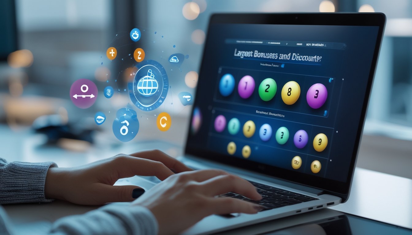 Seseorang menggunakan laptop dengan tampilan situs lotere online yang menampilkan bola lotere berwarna dan angka digital.
