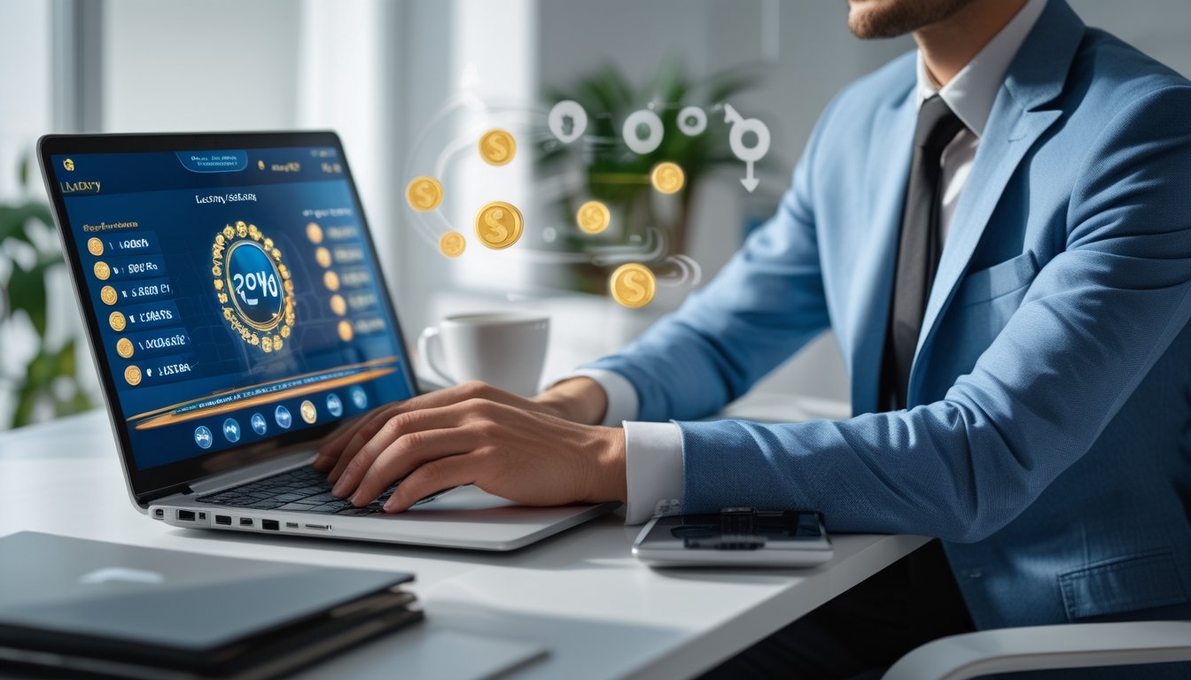 Seseorang menggunakan laptop dan ponsel di ruang kerja modern dengan grafik digital yang menunjukkan bonus dan diskon.