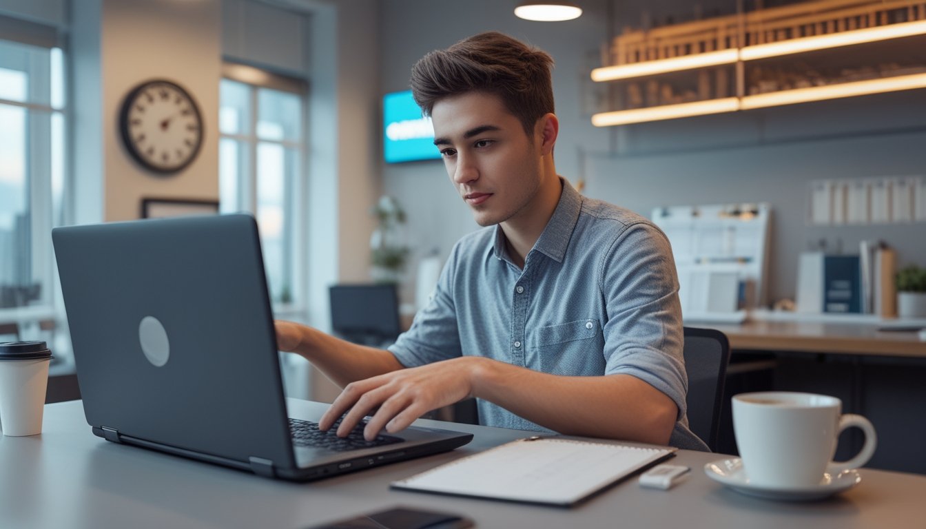 Seseorang menggunakan laptop di meja kerja dengan suasana kantor yang terang dan nyaman, menunjukkan aktivitas klaim promo togel online.