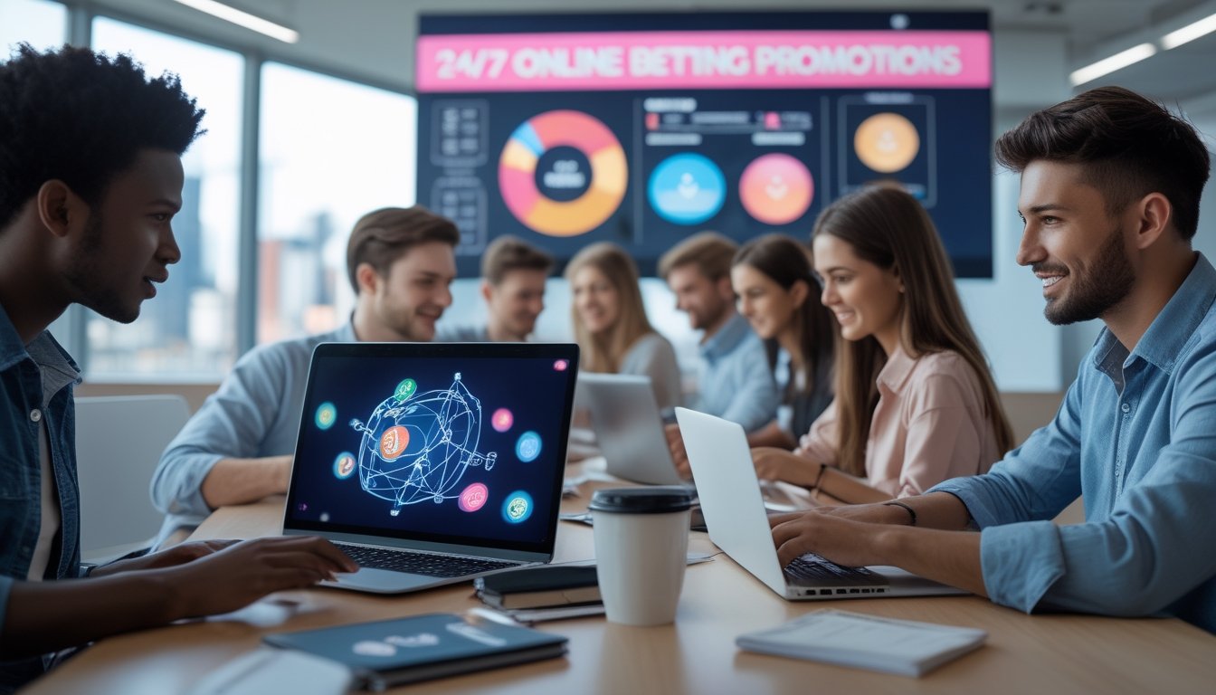 Beberapa orang muda sedang menggunakan laptop dan ponsel di kantor modern dengan layar besar menampilkan grafik digital terkait layanan online.