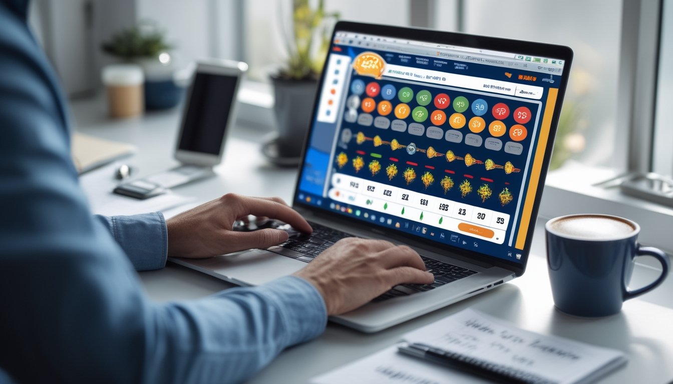 Meja kerja modern dengan laptop yang menampilkan situs togel online, tangan seseorang sedang menggunakan laptop, di sekitar ada ponsel, kopi, dan catatan.