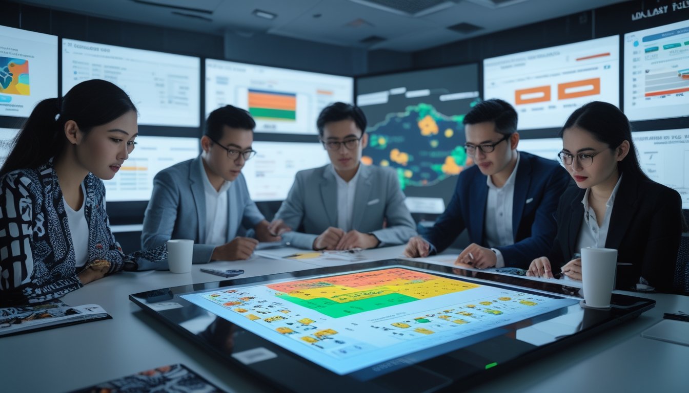 Sekelompok profesional bekerja bersama di ruang kantor modern dengan layar digital besar yang menampilkan data dan grafik terkait lotere online di Indonesia.