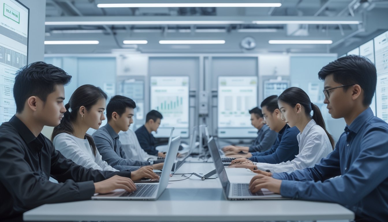 Beberapa orang menggunakan laptop dan ponsel di ruang kantor modern yang terang, dengan elemen teknologi yang menunjukkan platform togel online terpercaya.