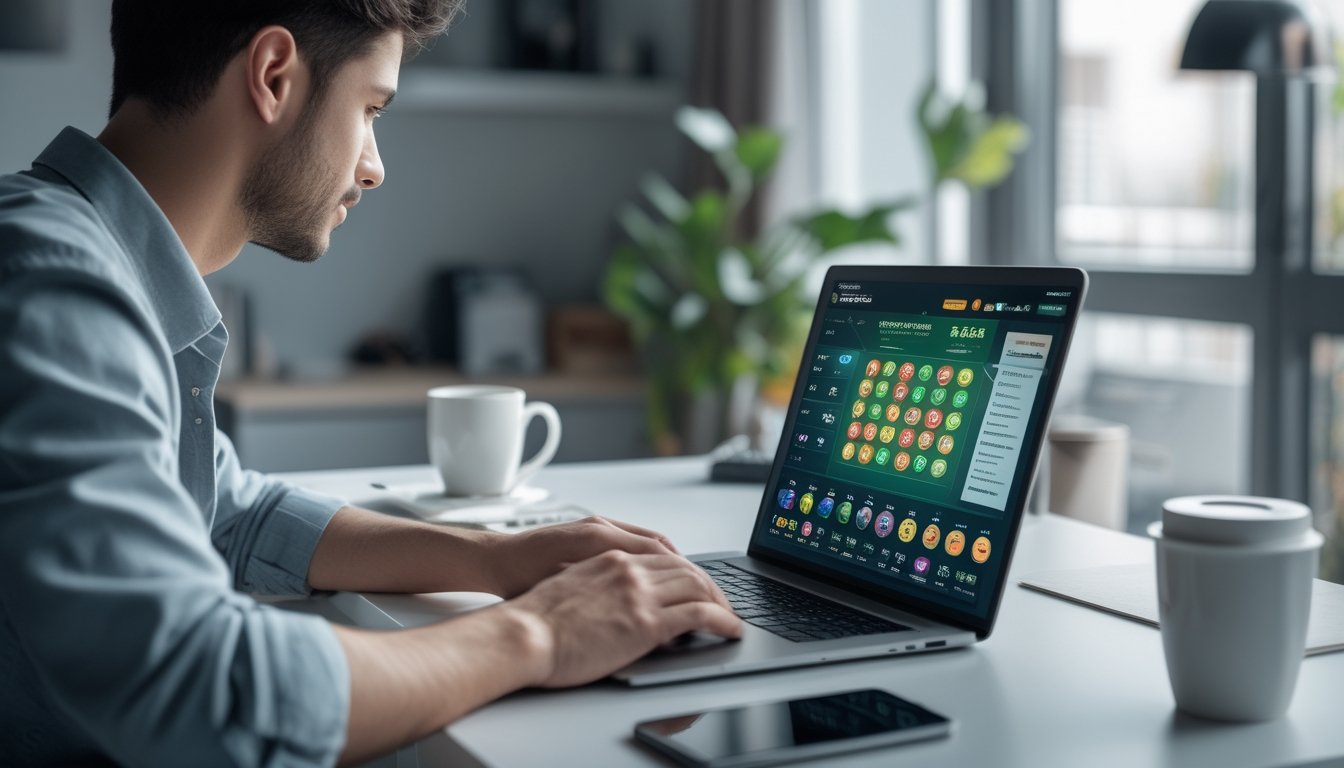 Seseorang sedang menggunakan laptop di meja kerja untuk bermain togel online dalam ruangan yang nyaman.