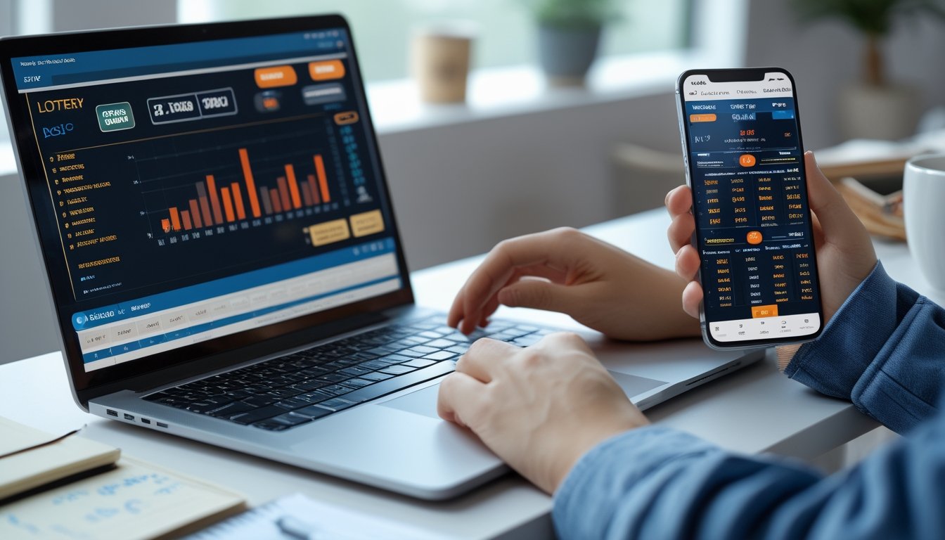 Seseorang menggunakan laptop dan ponsel di meja kerja dengan tampilan data togel online, menunjukkan aktivitas bermain Bandar Togel Online.