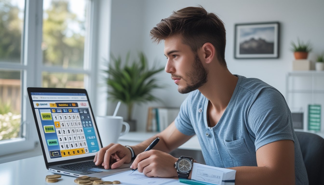 Seorang pria muda duduk di meja dengan laptop dan mencatat strategi bermain togel online di ruang kerja yang terang.