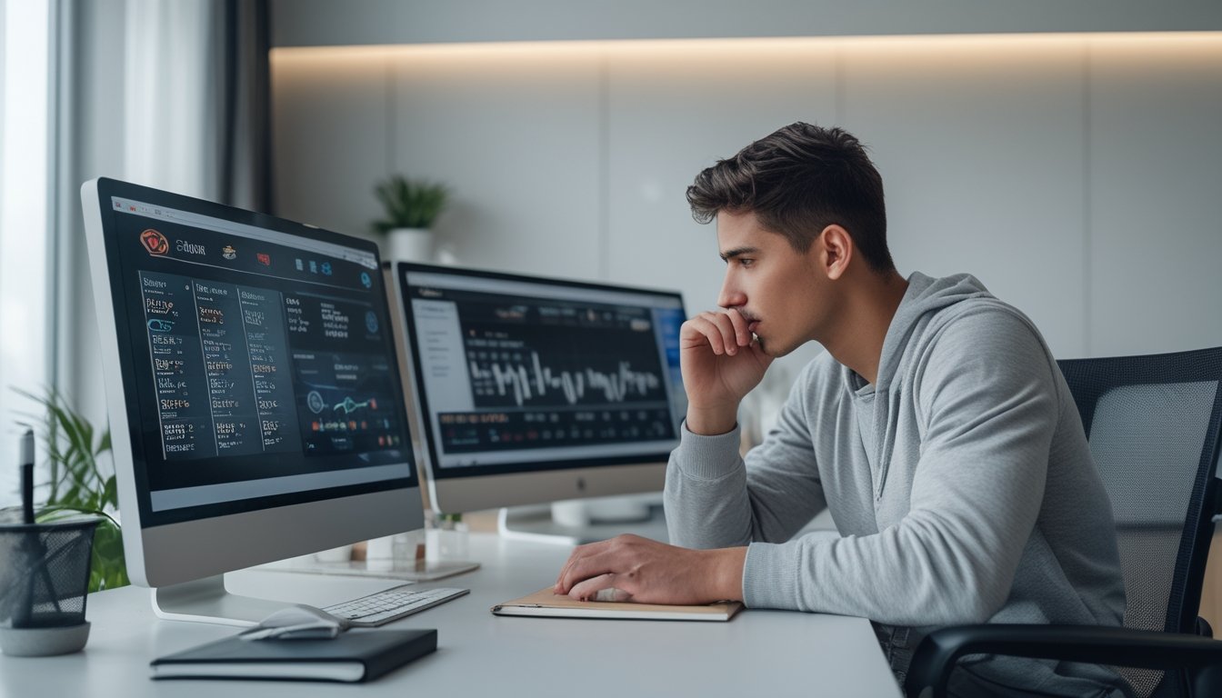 Seorang pria muda duduk di meja kerja dengan beberapa layar komputer menampilkan antarmuka togel online, sedang fokus menganalisis data dalam suasana kantor rumah yang rapi.