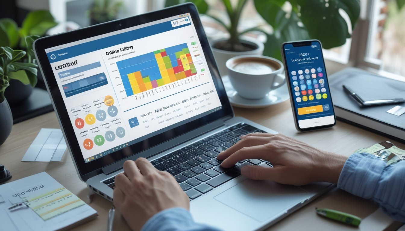 Seseorang menggunakan laptop dan smartphone di meja kerja dengan catatan dan kopi, fokus pada strategi permainan togel online.