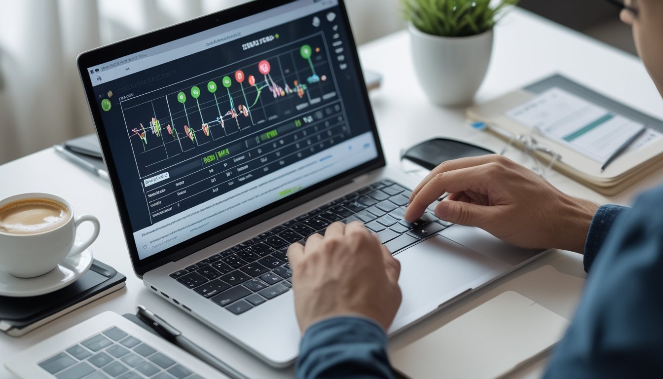 Seorang individu sedang menggunakan laptop dengan tampilan data permainan togel online, dikelilingi oleh alat tulis dan kopi di meja kerja yang rapi.