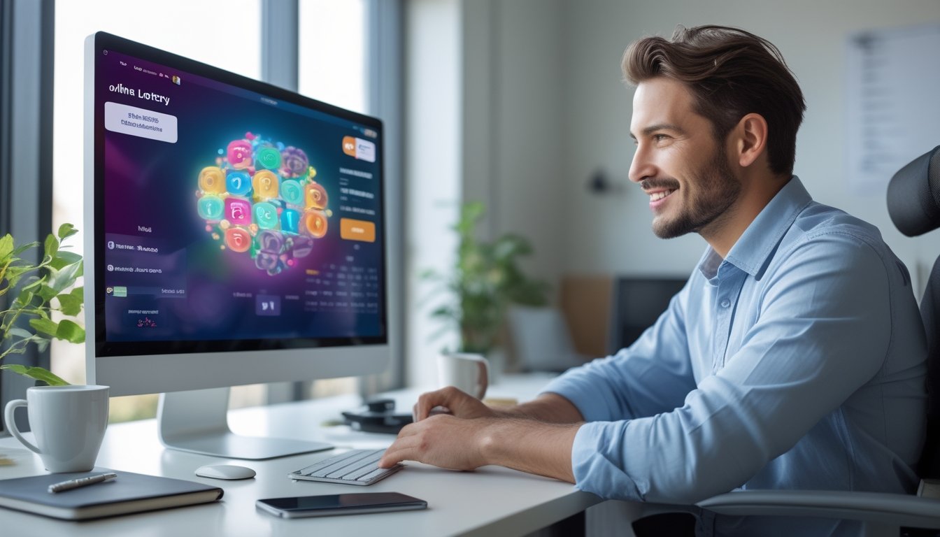 Seseorang duduk di meja kerja modern dengan komputer yang menampilkan antarmuka permainan lotre online, di ruang kantor yang bersih dan terang.