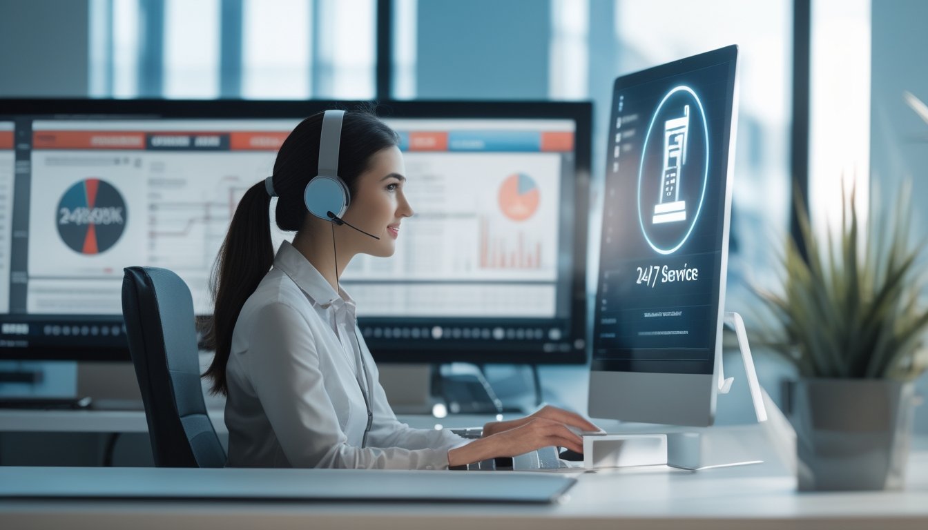 Seorang staf layanan pelanggan mengenakan headset bekerja di depan komputer dengan beberapa monitor di latar belakang yang menampilkan data dan jam digital.