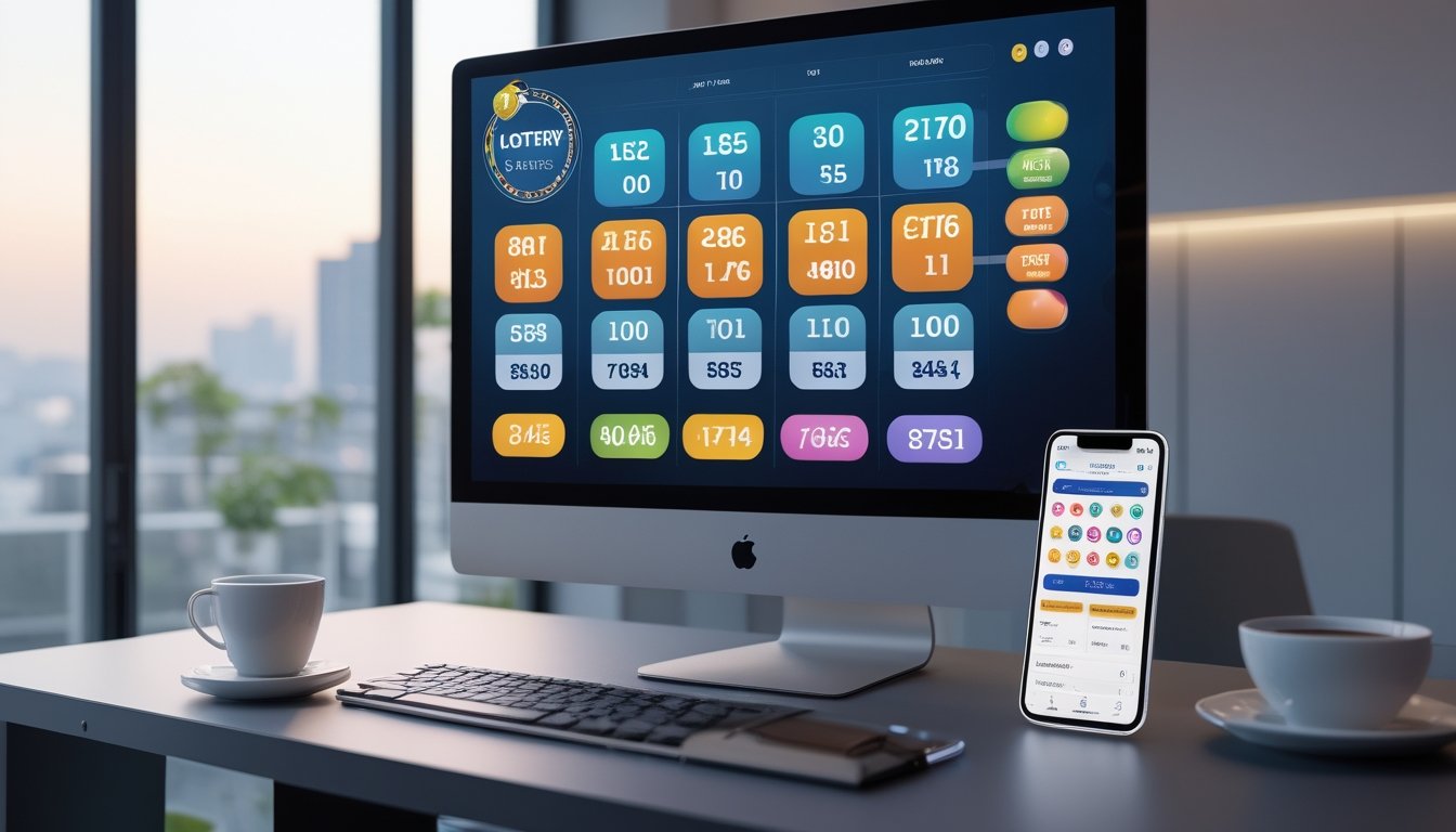 Meja kerja modern dengan komputer dan ponsel yang menampilkan permainan togel online, dengan latar belakang pemandangan kota.