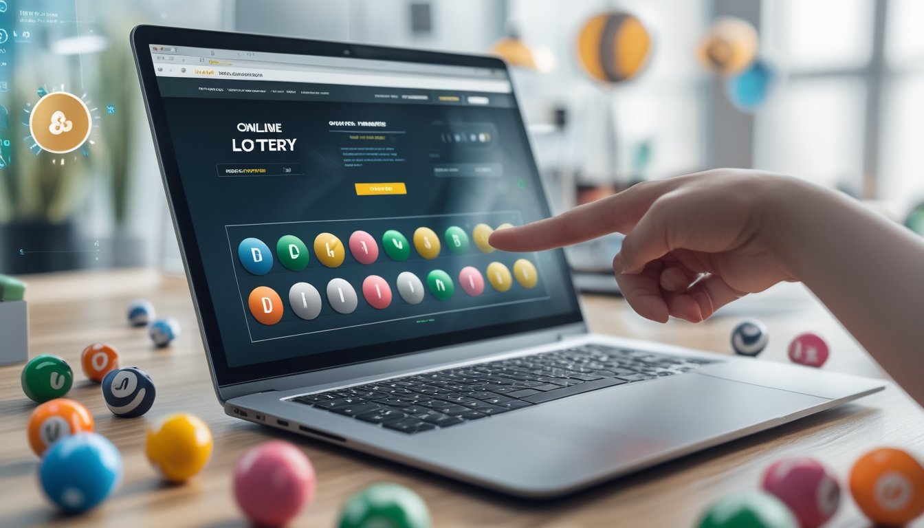 Seseorang menggunakan laptop dengan bola lotere di meja, menggambarkan permainan togel online.