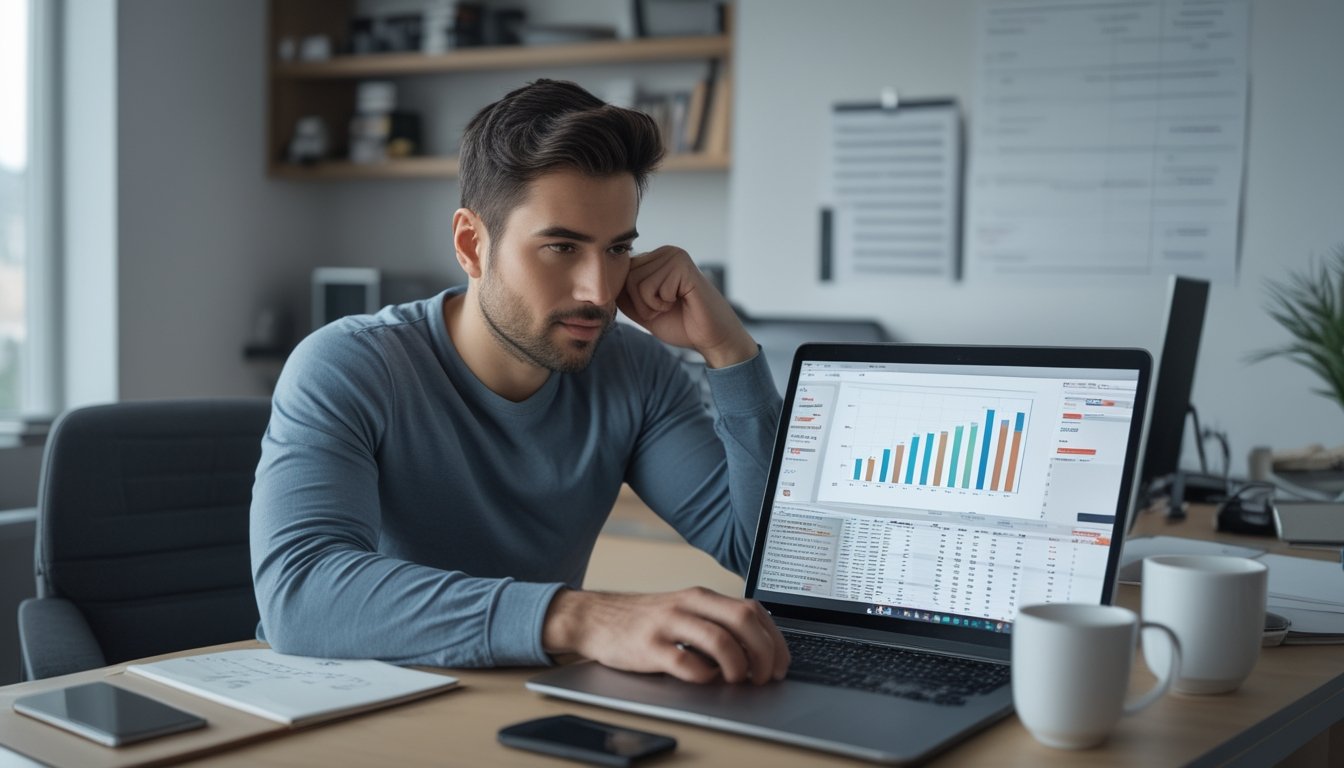 Seorang pria duduk di meja kerja dengan laptop, melihat data dan catatan untuk strategi bermain togel online.