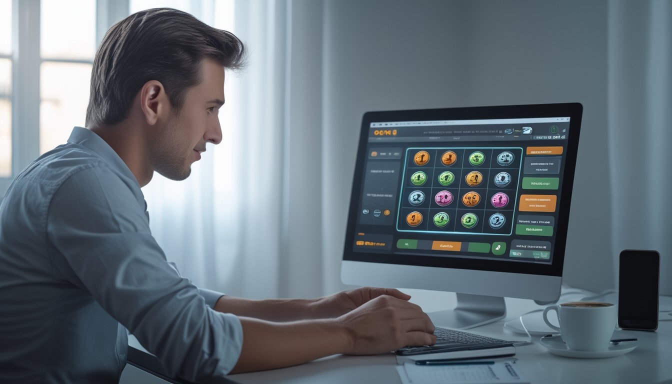 Seorang pria muda duduk di meja dengan laptop, fokus pada layar yang menampilkan permainan togel online, di ruangan yang terang dan rapi.