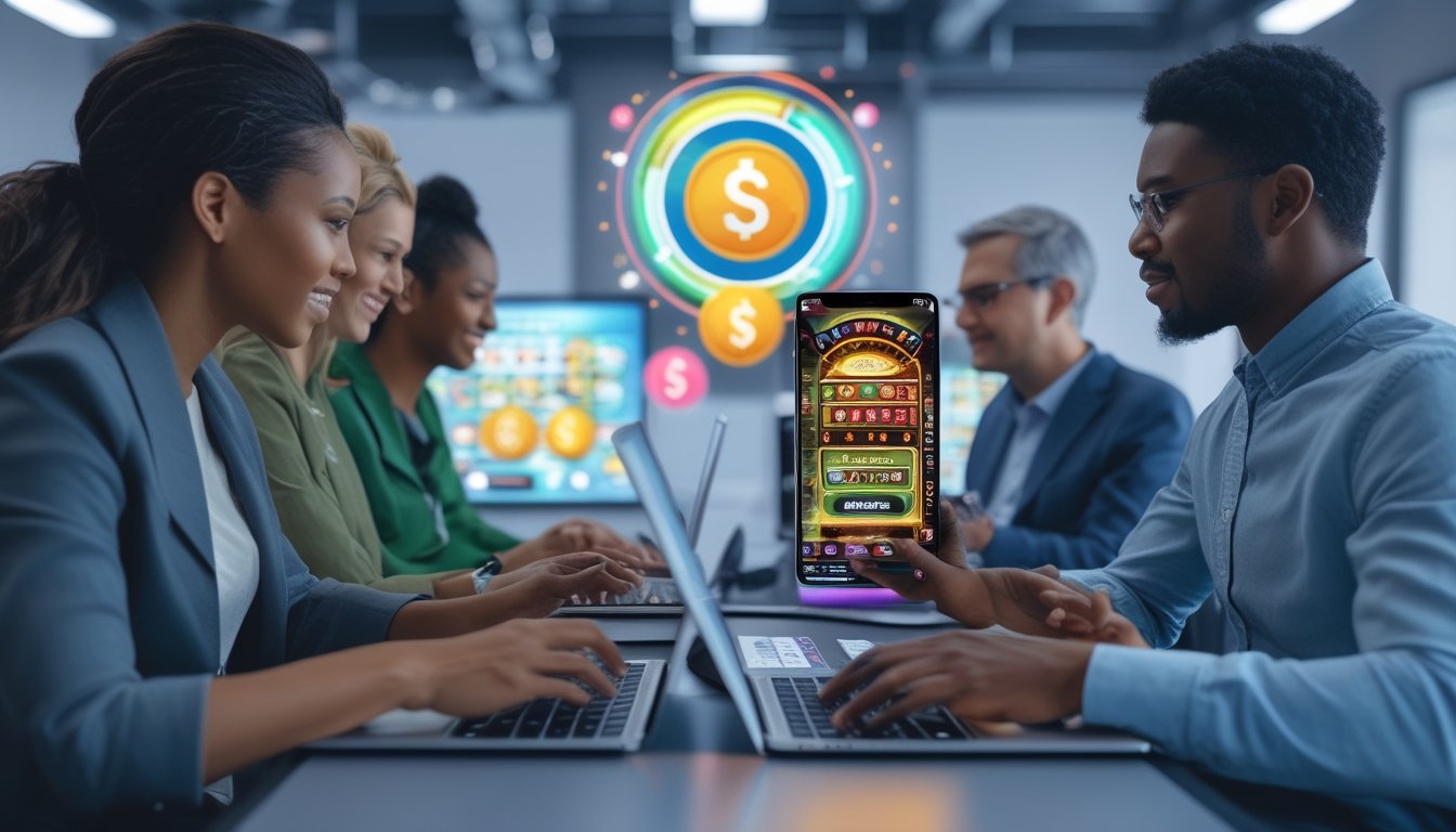 Sekelompok orang menggunakan laptop dan ponsel untuk bermain togel online di ruang kerja modern yang terang.