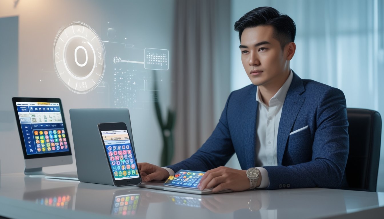 Seorang pria Asia Tenggara duduk di meja dengan laptop dan ponsel yang menampilkan angka togel, menunjukkan suasana layanan togel online 24 jam dengan bonus dan diskon.